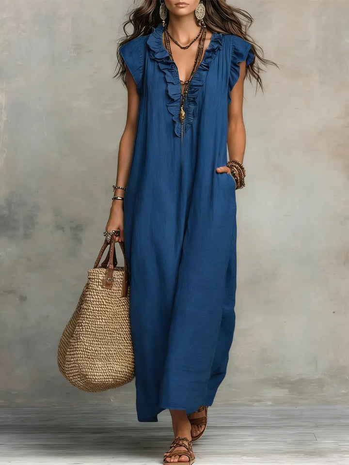 Abito estivo casual da donna in cotone e lino, con volant, comodo e fresco per ogni occasione.