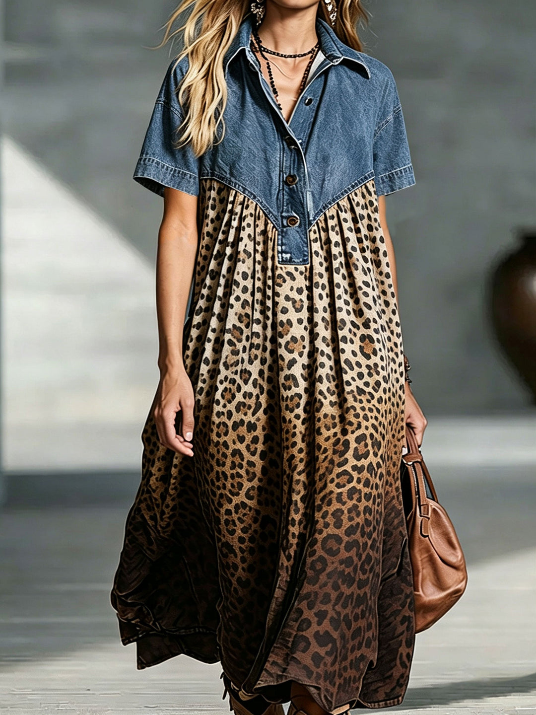 Abito donna patchwork denim e leopardato, stile fluido casual chic, perfetto per primavera/autunno moda.
