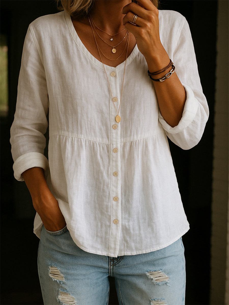 Camicia donna bianca ampia casual, maniche 3/4 e scollo rotondo. Blusa versatile e comoda, ideale per l'estate.