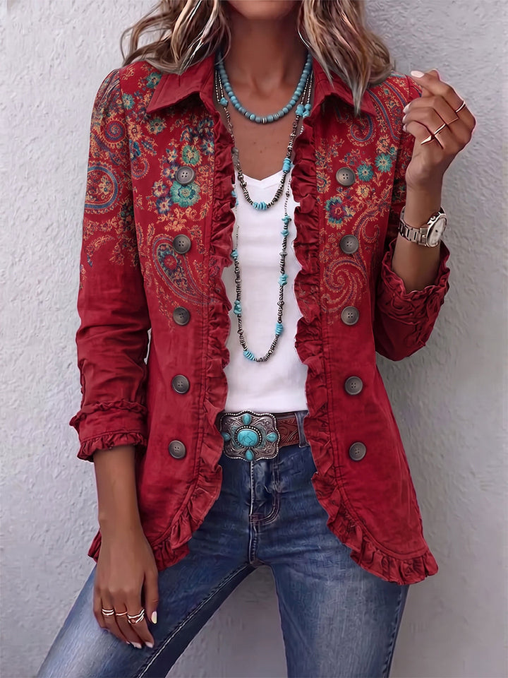 Giacca donna bohème con volant e stampa paisley floreale. Perfetta per look casual primavera/autunno.