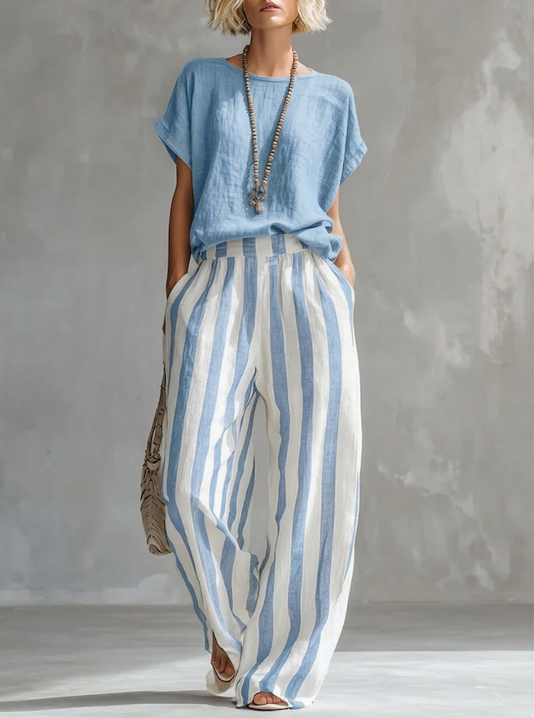 Completo donna a righe in morbido cotone e lino traspirante. Perfetto per il comfort quotidiano.