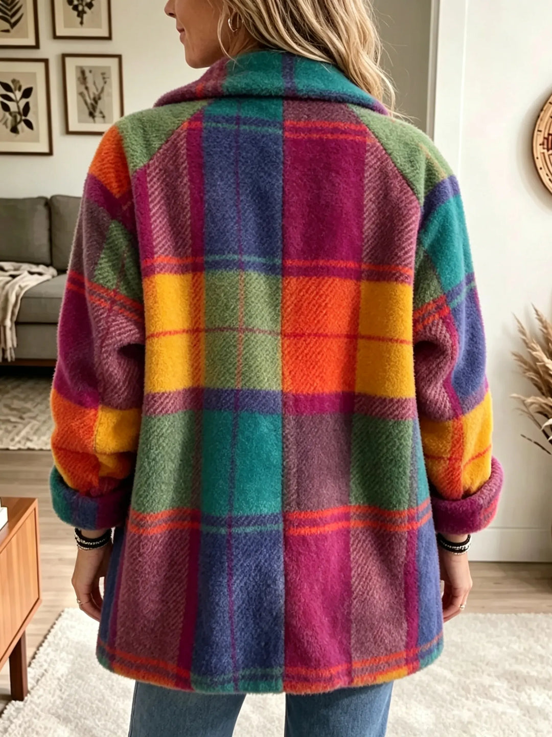 Elegante cappotto donna a quadri autunnale/invernale con bottoni, ideale per moda chic.