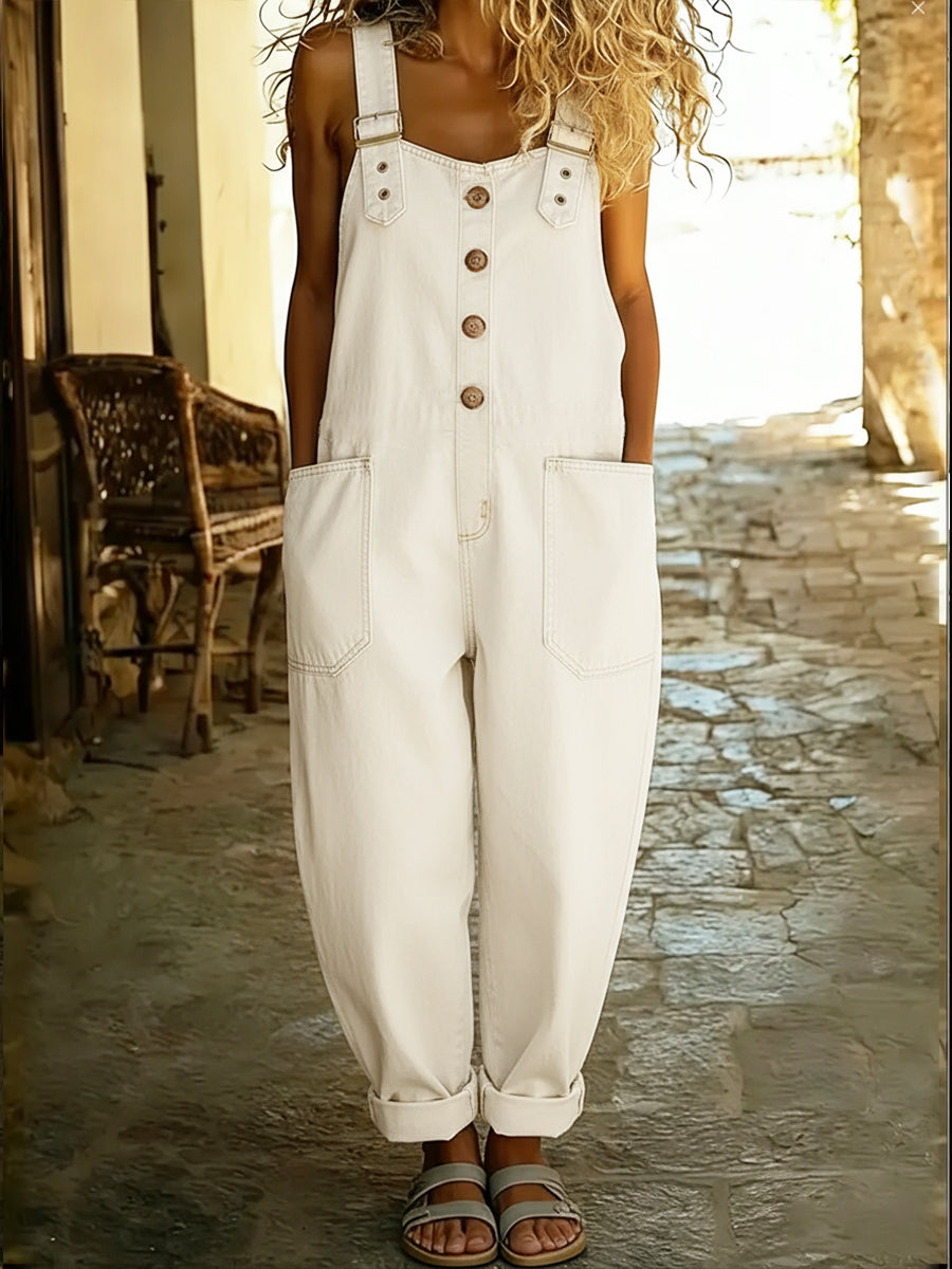 Tuta casual da donna in denim, perfetta salopette estiva con bretelle regolabili per un look fresco e alla moda.