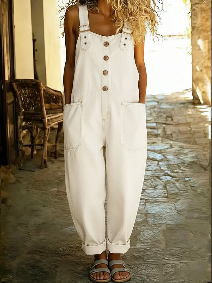 Tuta casual da donna in denim, perfetta salopette estiva con bretelle regolabili per un look fresco e alla moda.