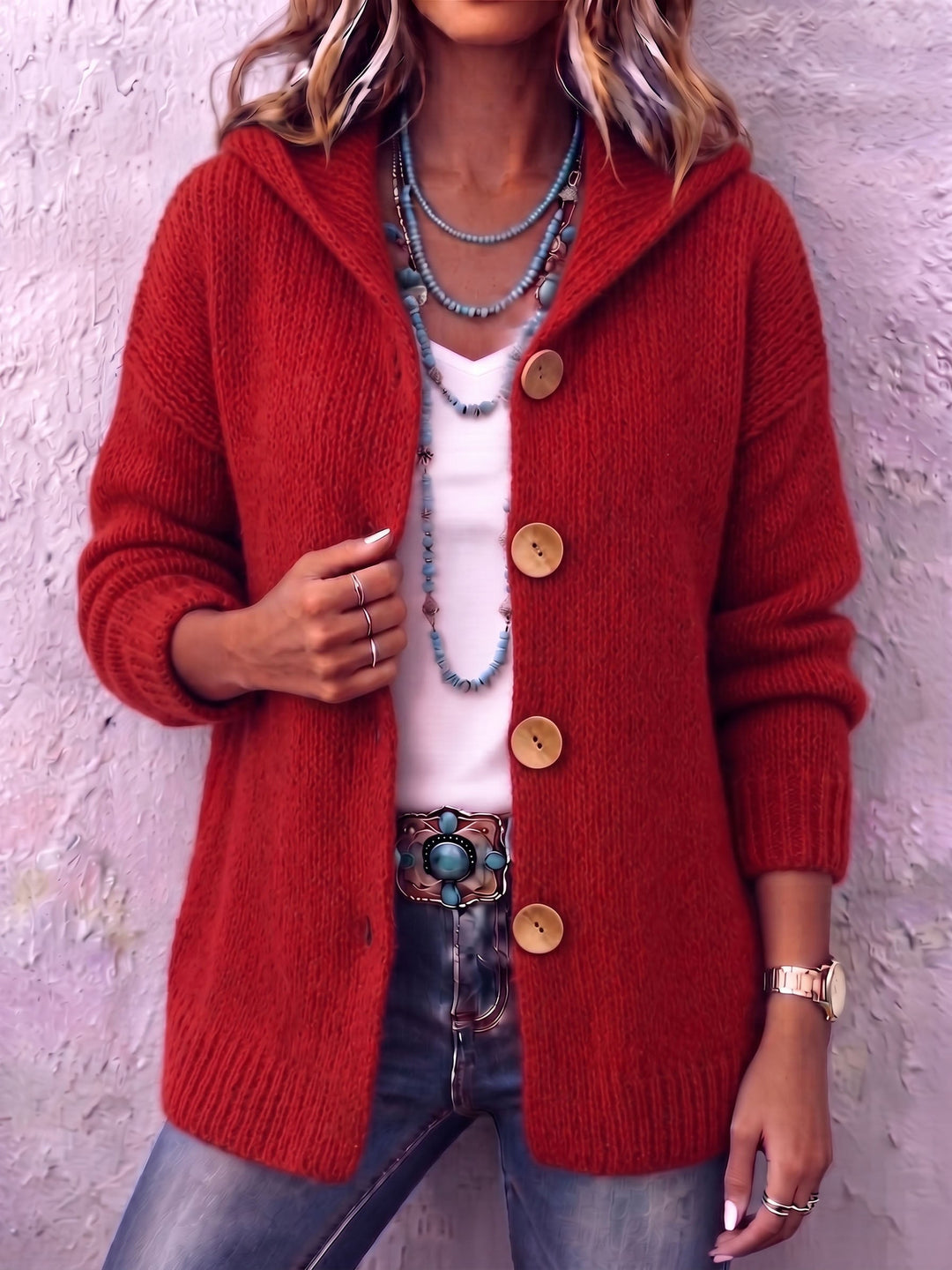 Cardigan donna confortevole con cappuccio. Maglia calda con bottoni per autunno/inverno, stile casual e vestibilità ampia.