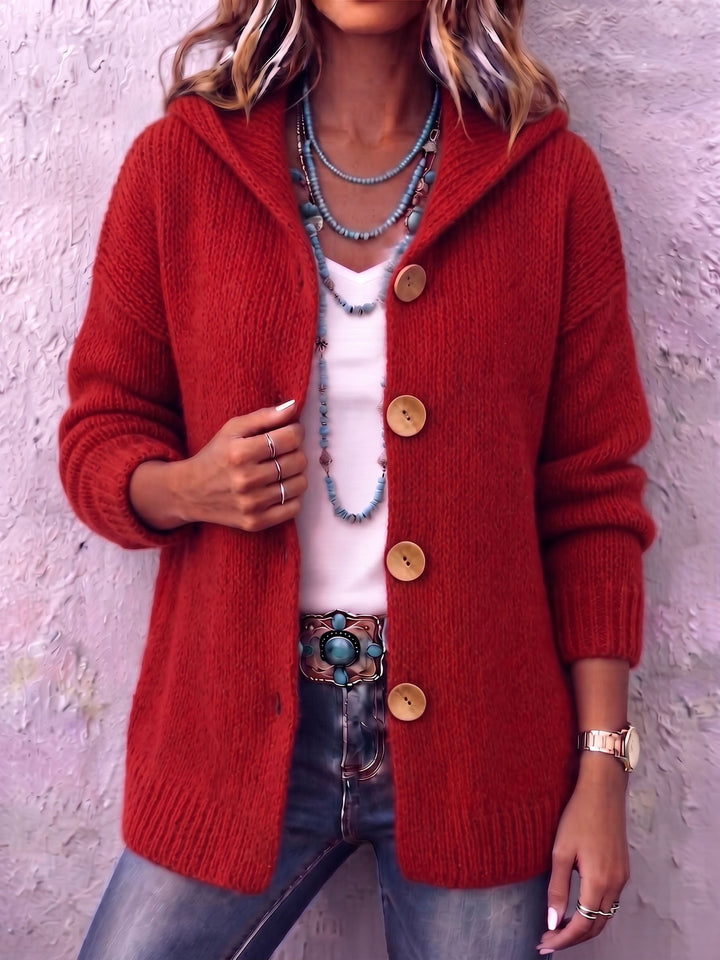 Cardigan donna confortevole con cappuccio. Maglia calda con bottoni per autunno/inverno, stile casual e vestibilità ampia.