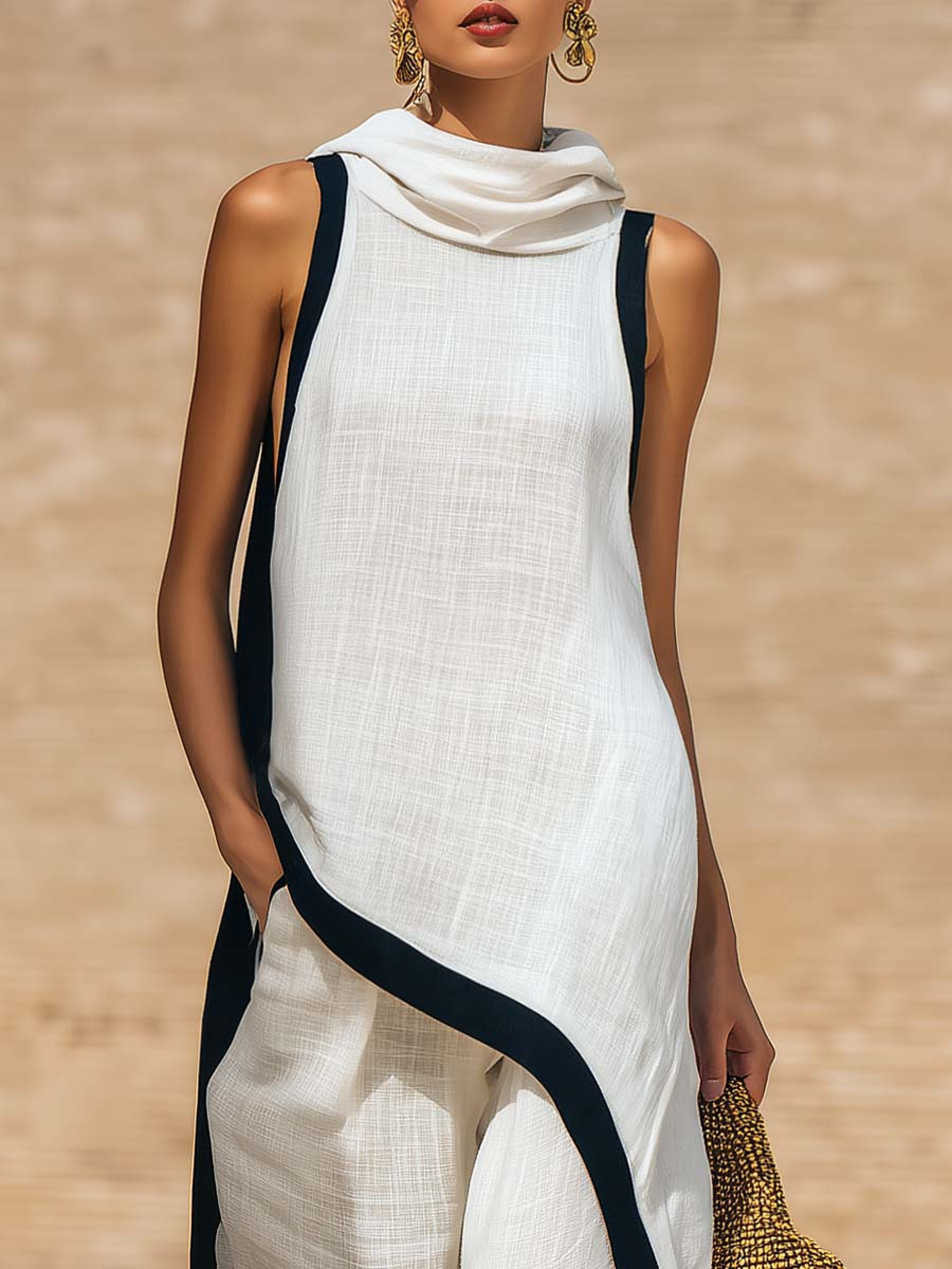 Abbigliamento donna estivo: completo raffinato in lino e cotone, un look versatile con finiture artistiche.