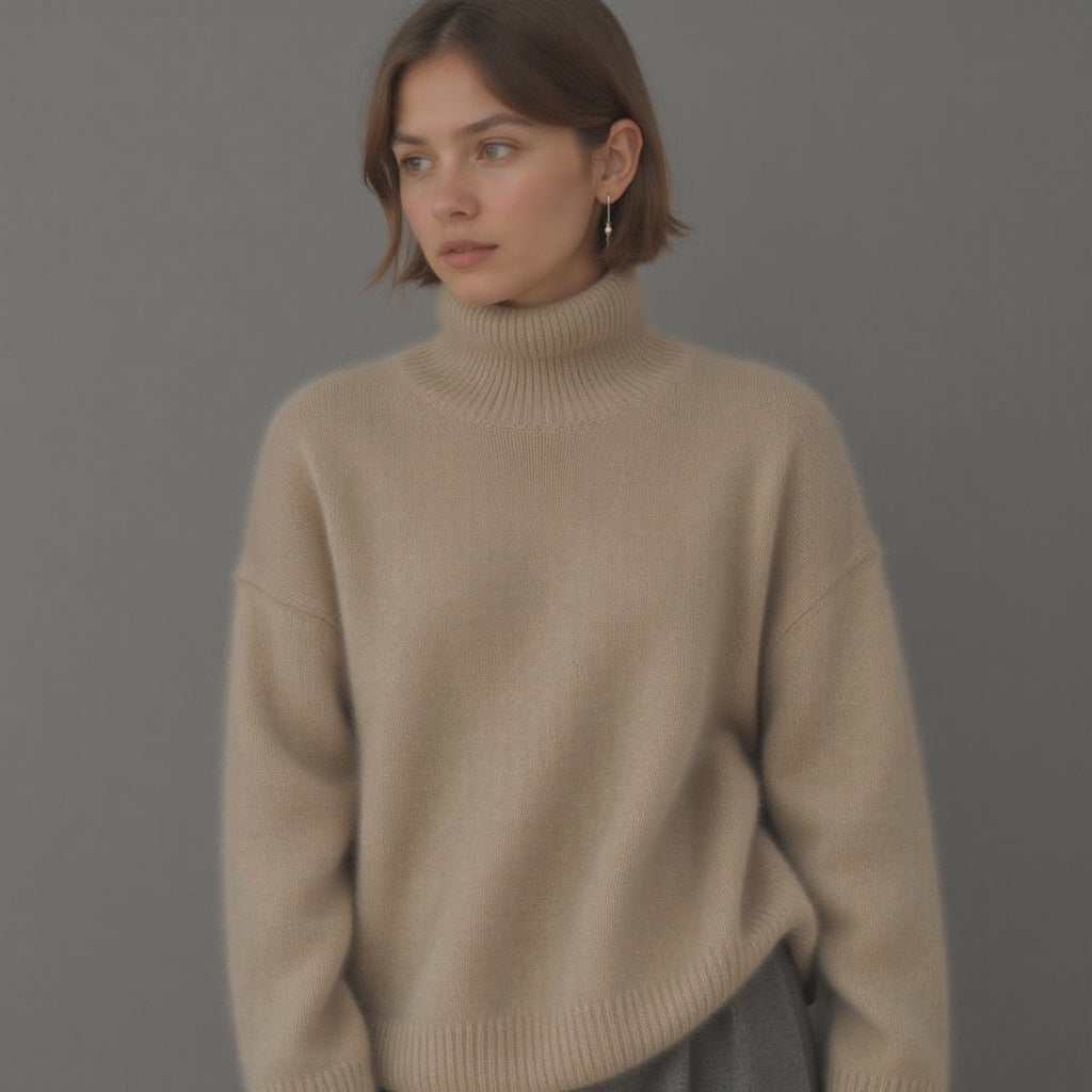 Morbido maglione a collo alto per donna, caldo e avvolgente. Ideale per comfort invernale e look versatile.