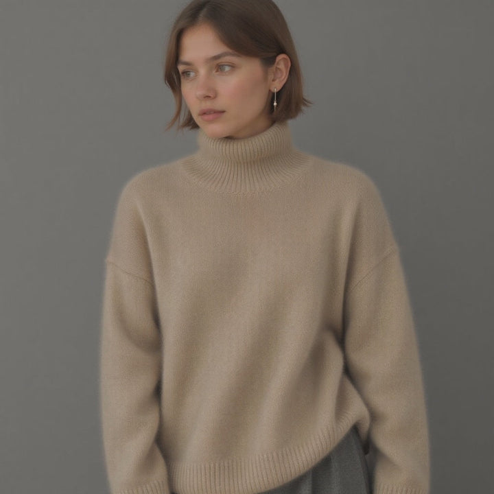 Morbido maglione a collo alto per donna, caldo e avvolgente. Ideale per comfort invernale e look versatile.