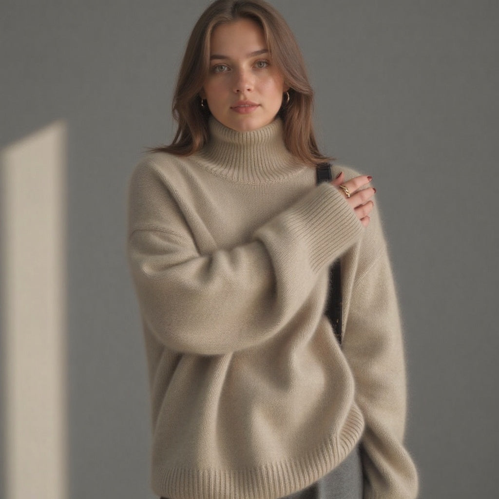 Maglione invernale donna oversize a collo alto. Morbido e caldo, per affrontare il freddo con stile ed eleganza.