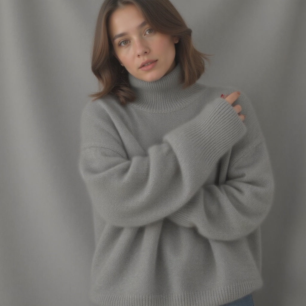Maglione da donna oversize con collo alto. Design elegante e confortevole, in maglieria calda per l'inverno.