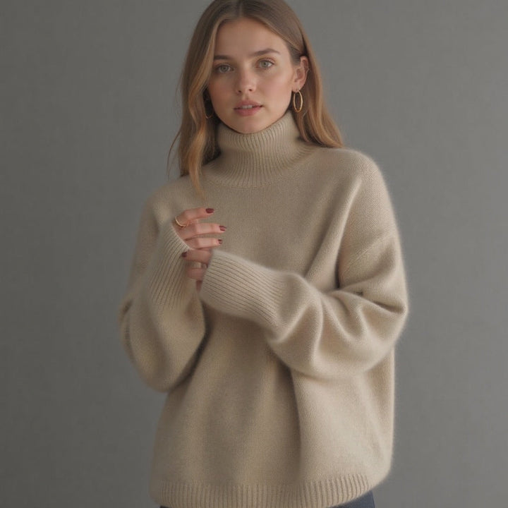 Texture morbida del maglione oversize donna a collo alto. Capo caldo e avvolgente, per un inverno pieno di comfort.