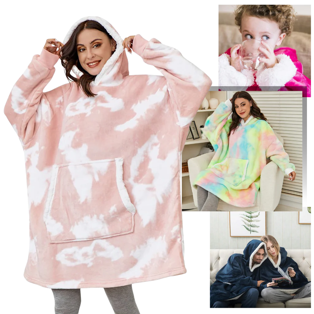 Coperta indossabile donna, felpa oversize con cappuccio e tasca, per massimo comfort.