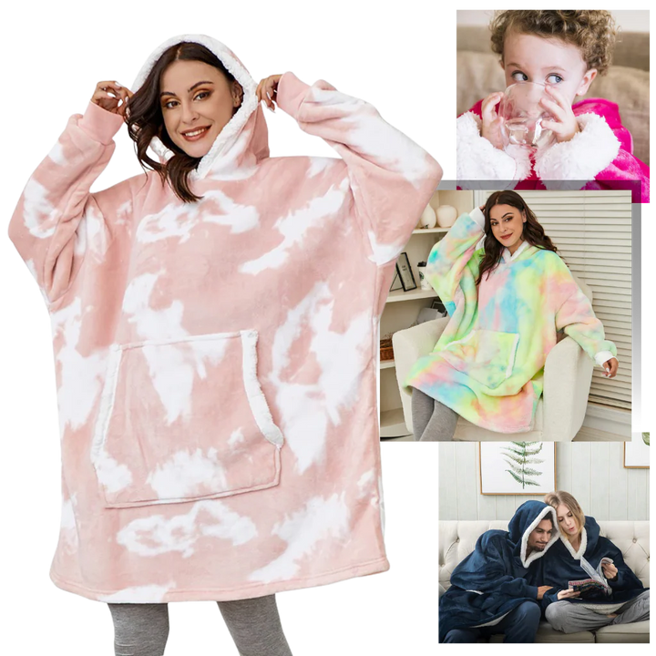 Coperta indossabile donna, felpa oversize con cappuccio e tasca, per massimo comfort.