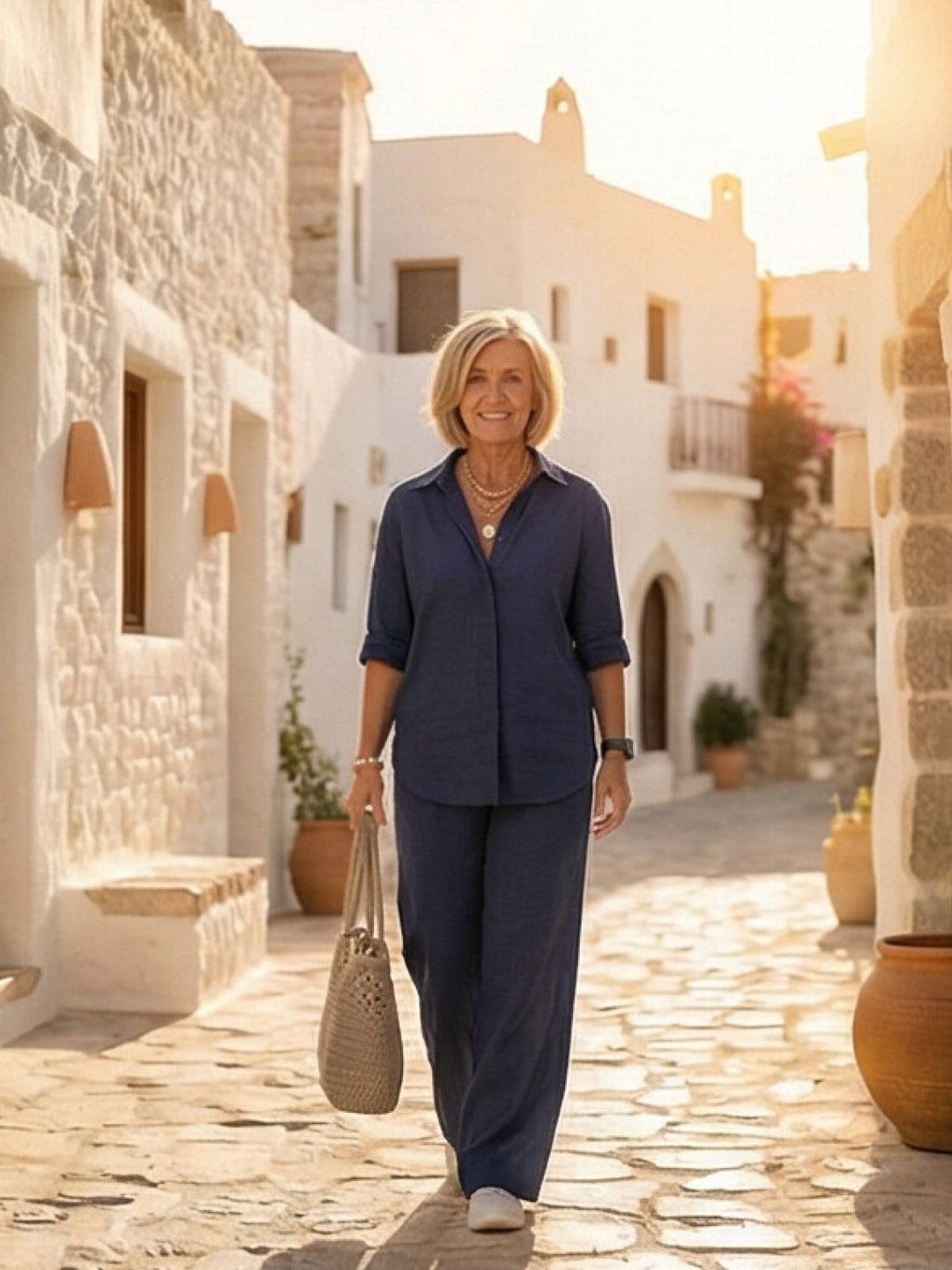 Set due pezzi donna fluido: camicia leggera e pantaloni ampi, ideale per l'estate.