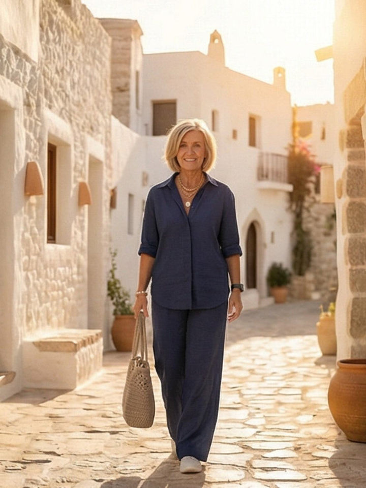 Set due pezzi donna fluido: camicia leggera e pantaloni ampi, ideale per l'estate.