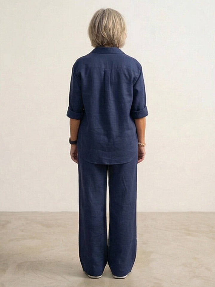 Camicia e pantaloni ampi da donna, completo casual chic. Perfetto per la moda estiva.