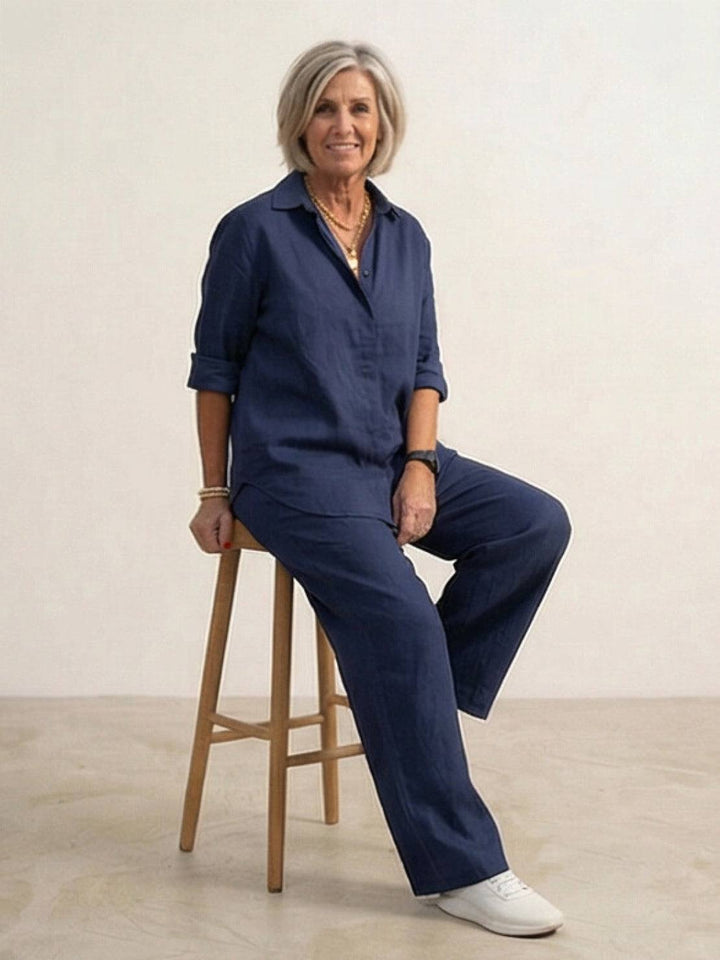 Completo fluido donna: camicia elegante e pantaloni ampi. Ideale per un look sofisticato.