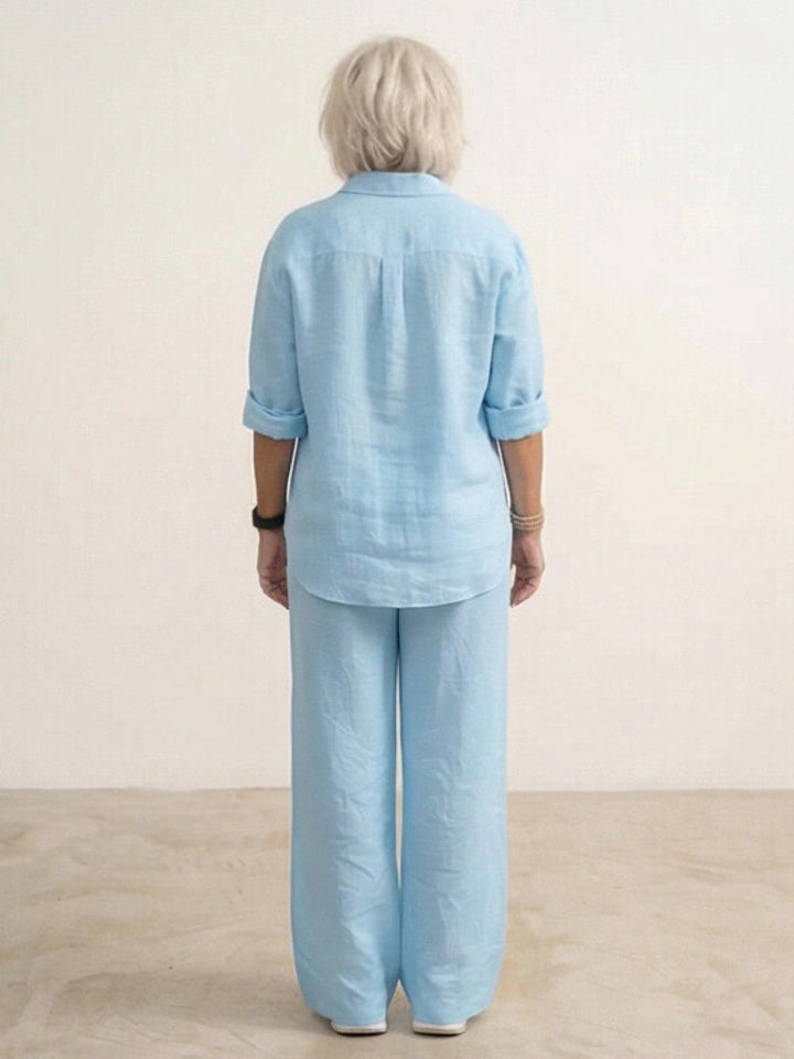 Set donna camicia e pantaloni ampi, per un look casual chic e confortevole.