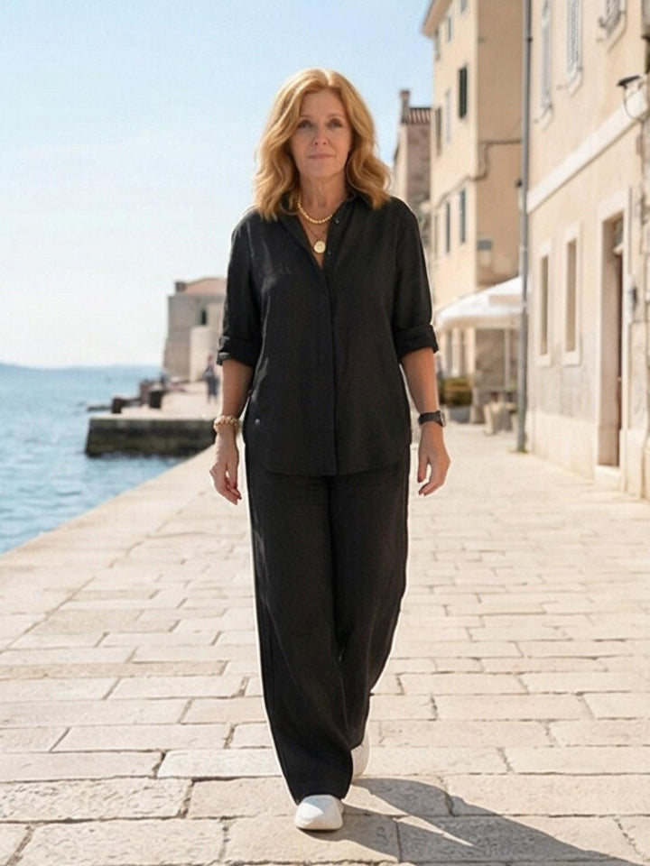 Completo donna casual chic con camicia e pantaloni ampi. Un must per la moda estiva.