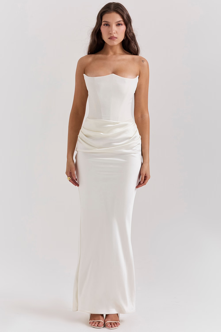 Modello di vestito midi da donna stile corsetto, elegante e slanciante. Ideale per la moda autunnale e serate.