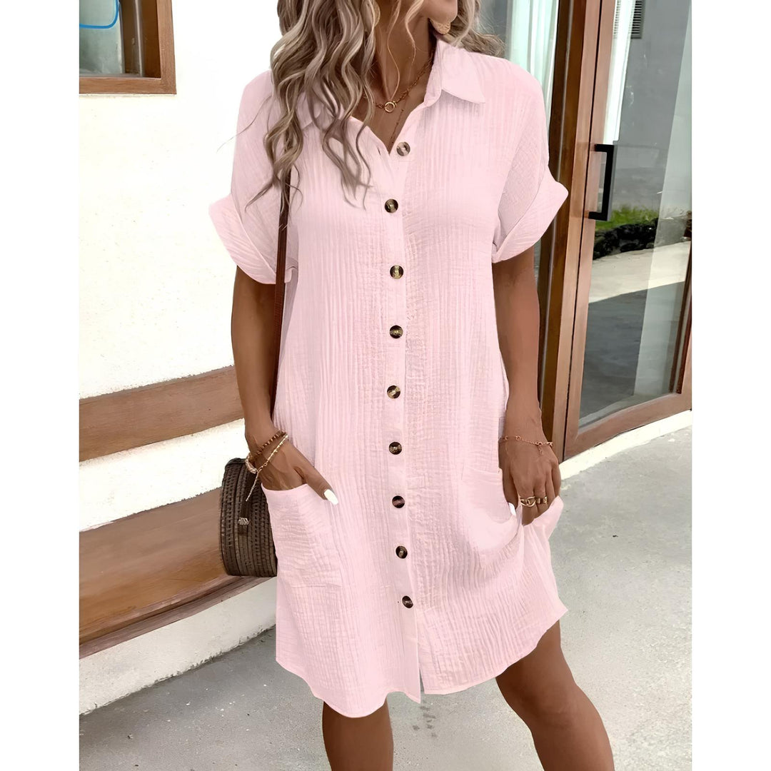 Abito camicia donna casual raffinato, midi con bottoni e colletto, ideale per primavera ed estate.