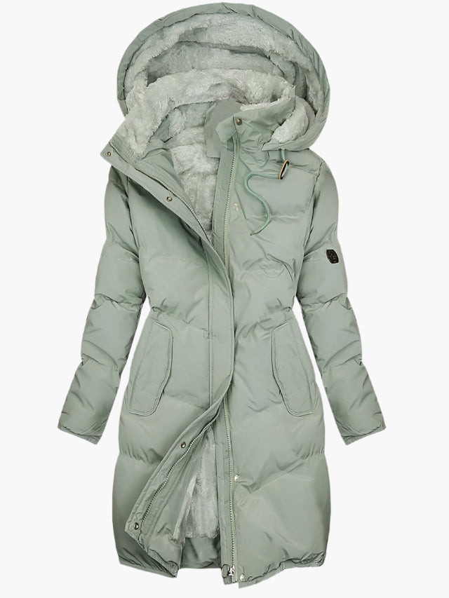 Piumino lungo da donna con cappuccio, caldo, leggero e antivento. Ideale per l'abbigliamento invernale casual.