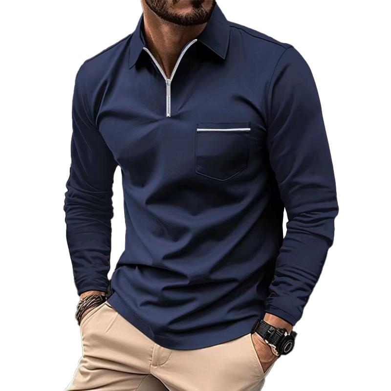 Polo a maniche lunghe uomo grigia con taschino, stile casual elegante. Comfort quotidiano.