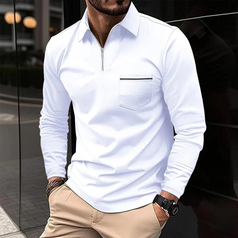 Polo a maniche lunghe da uomo verde scuro, design classico con taschino. Abbigliamento maschile.