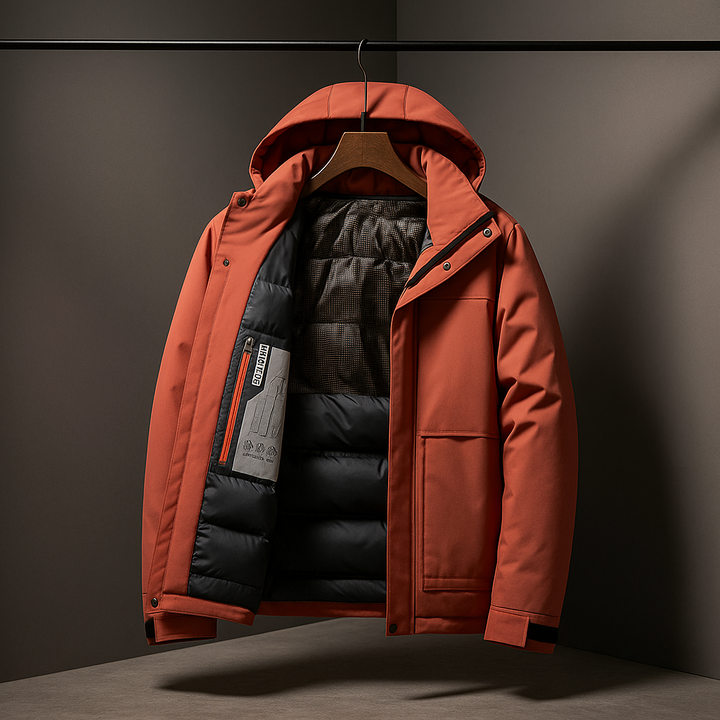 Elegante giacca invernale uomo con cappuccio, design moderno e isolamento termico per l'inverno.