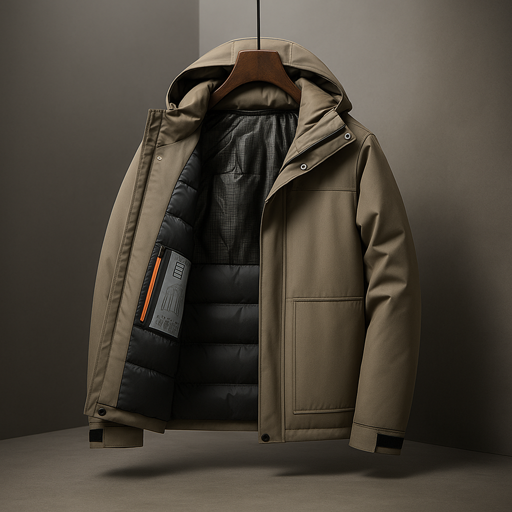 Giacca uomo invernale, isolante e calda, con cappuccio per protezione dal freddo, stile casual.