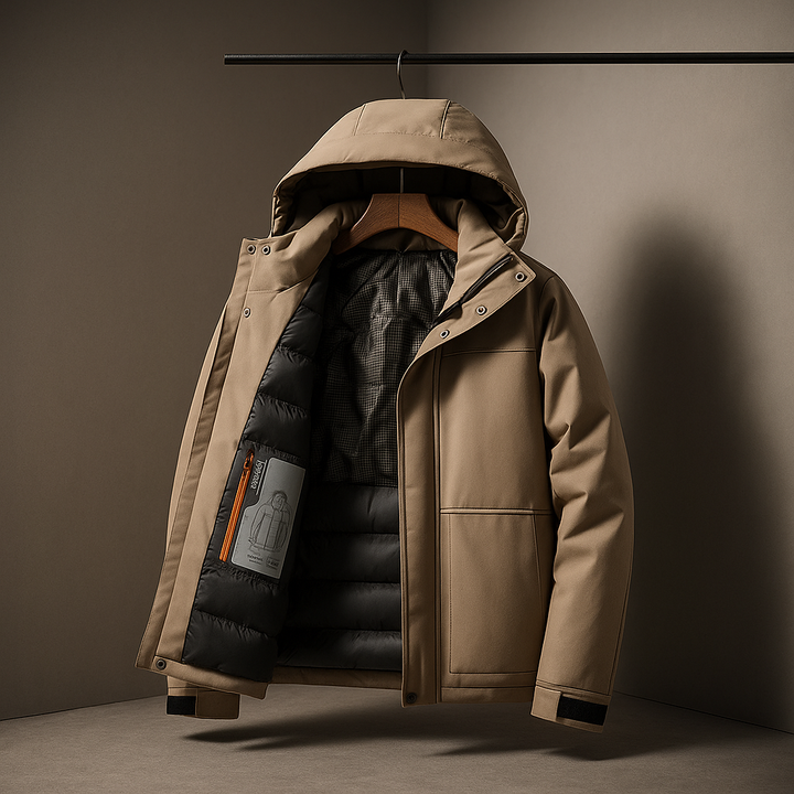 Bomber giacca uomo invernale con cappuccio staccabile, isolante e alla moda per il viaggio.