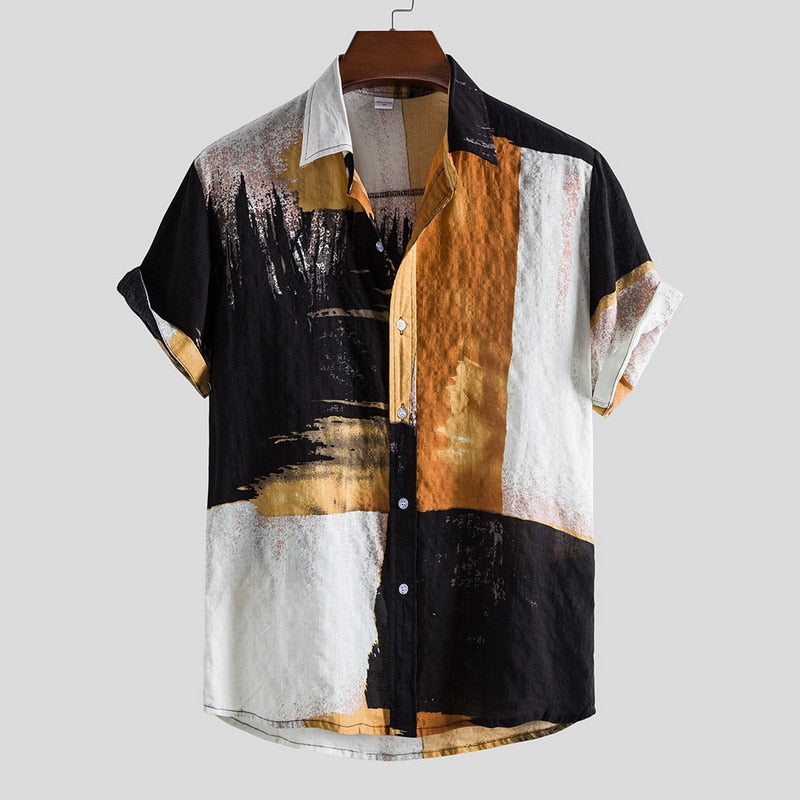 Camicia vintage uomo a maniche corte, vestibilità morbida, colori marrone/verde. Stile casual ed elegante.