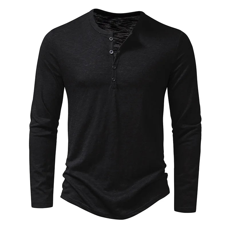 Top Henley uomo a maniche lunghe con bottoni, ideale per un look maschile casual e versatile.