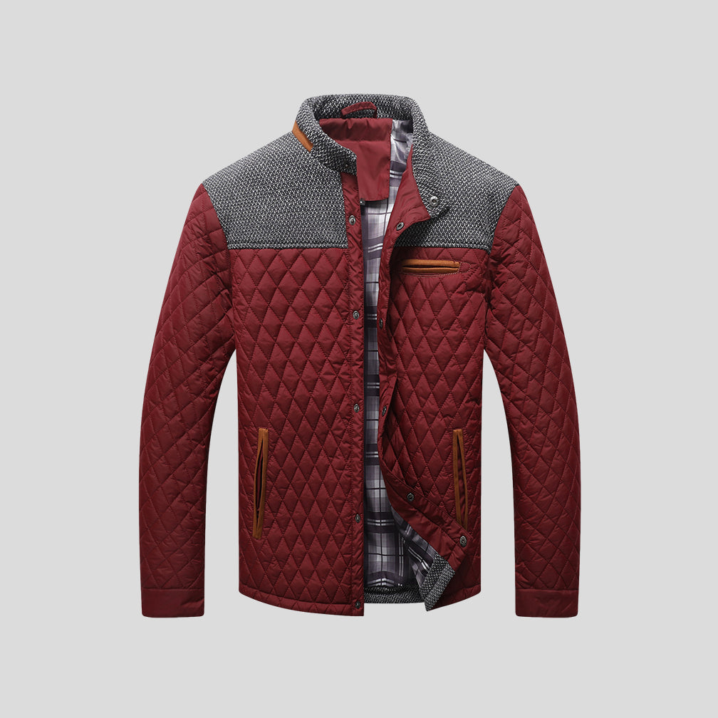 Giacca calda invernale da uomo, trapuntata, design color block moderno. Collo alto per protezione e stile casual.