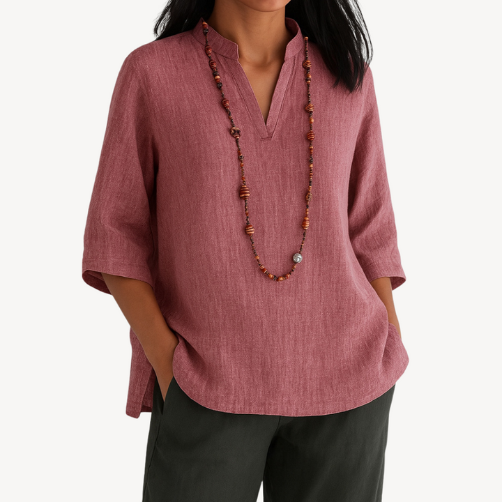 Blusa donna a maniche 3/4 con scollo a V, stile casual-elegante. Tunica primaverile/estiva per moda donna.