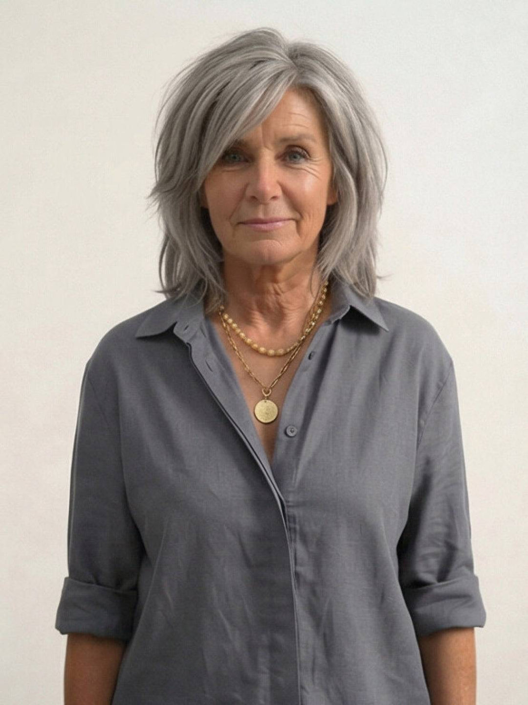 Completo donna fluido: camicia e pantaloni ampi, perfetti per un'eleganza senza sforzo.