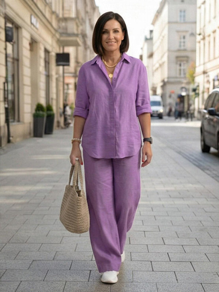 Set due pezzi donna elegante: camicia e pantaloni ampi. Look casual chic.