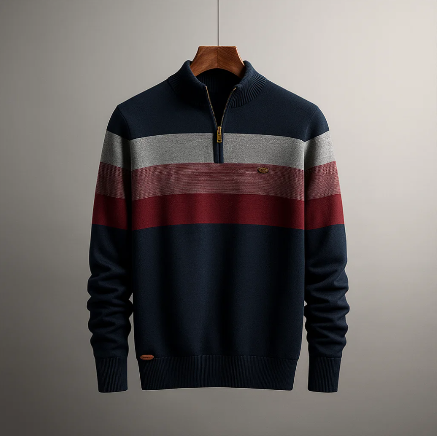 Maglione uomo blu navy con mezza zip e righe. Comodo ed elegante, perfetto per l'autunno e l'inverno.
