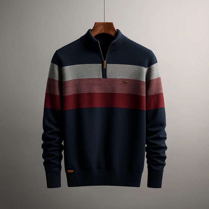 Maglione uomo blu navy con mezza zip e righe. Comodo ed elegante, perfetto per l'autunno e l'inverno.
