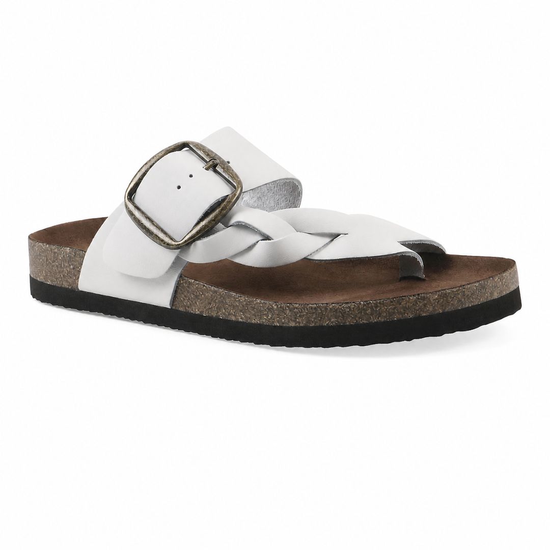 Calzature estive donna: sandali intrecciati alla moda, con fibbia per vestibilità regolabile e casual.
