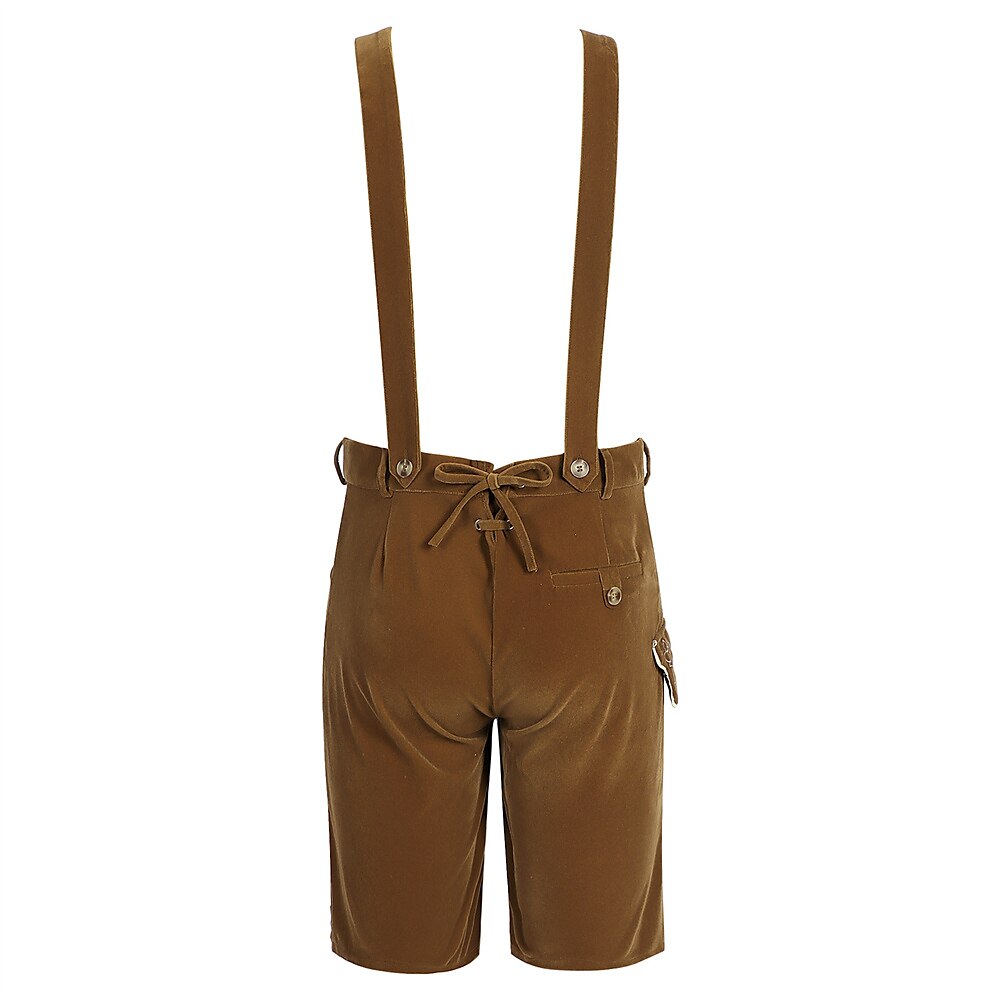 Costume bavarese tradizionale uomo: Lederhosen marroni ricamati a mano, ideali per celebrazioni e feste a tema.