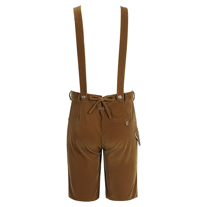 Costume bavarese tradizionale uomo: Lederhosen marroni ricamati a mano, ideali per celebrazioni e feste a tema.