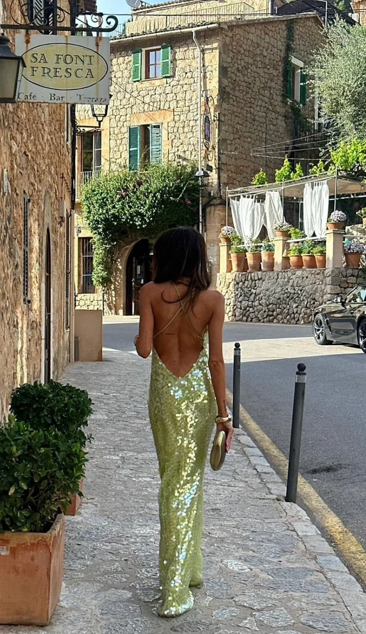 Abito lungo donna verde con paillettes all-over e design con schiena completamente scoperta, per look glamour.