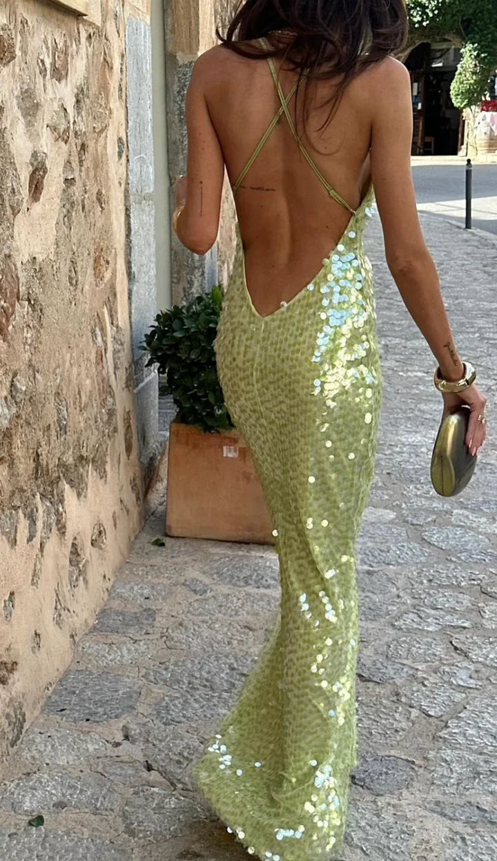 Vestito da sera verde con paillettes, taglio lungo e schiena scoperta per donna, perfetto per cerimonie e eventi.