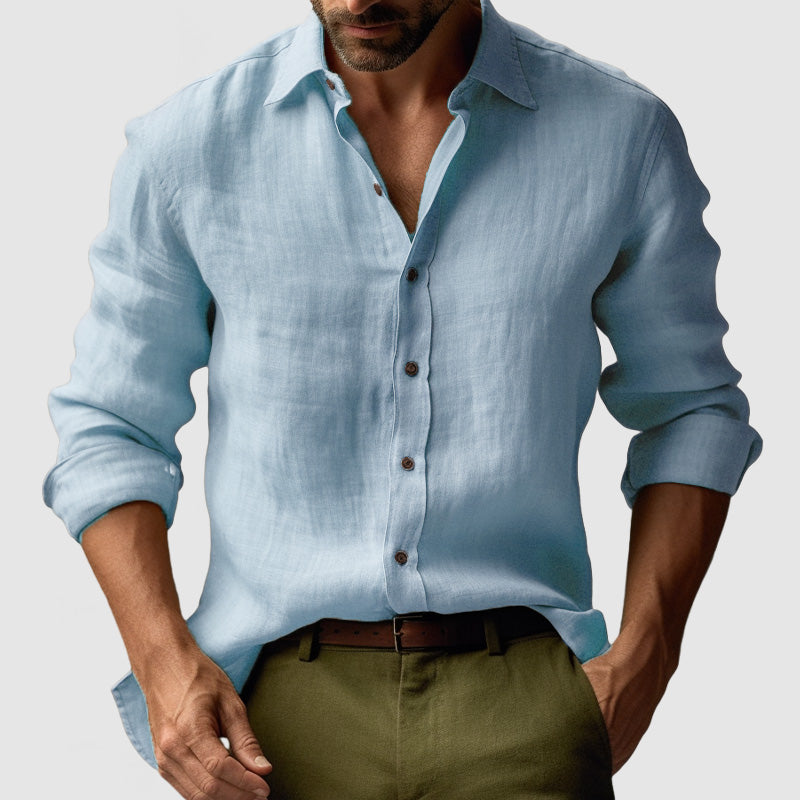 Camicia uomo casual a maniche lunghe, colletto classico. Abbigliamento maschile elegante e traspirante.
