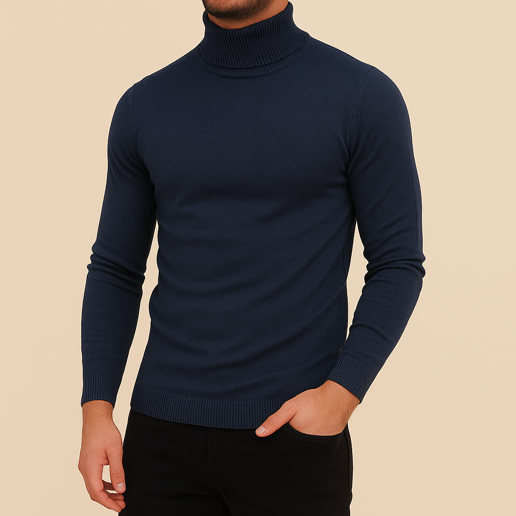 Maglione uomo grigio a collo alto, modello slim fit invernale. Un capo essenziale per la moda maschile.