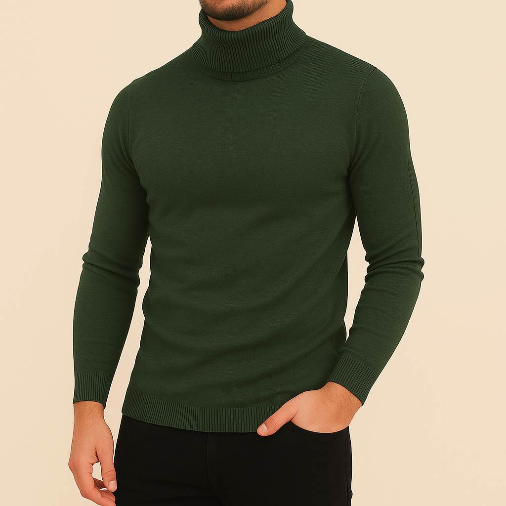 Maglione invernale da uomo in maglieria sottile, collo alto e vestibilità slim fit per un look moderno.