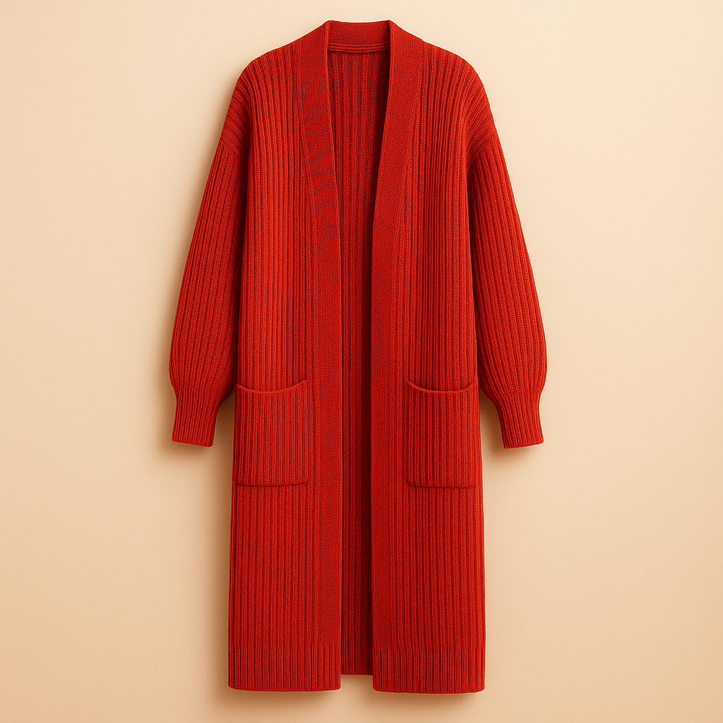 Cardigan aperto lungo donna oversize, ideale per layering invernale. Offre comfort e stile casual-elegante.