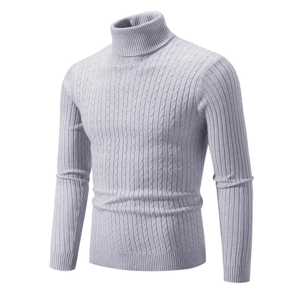 Dettaglio del maglione dolcevita a coste da uomo, mostrando la texture elegante e il comfort.